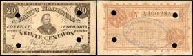 COLOMBIA. Banco Nacional de los Estados Unidos de Colombia. 20 Centavos. ND (1885?). P-UNL.

This is an intriguing note. The host note for the oval ...