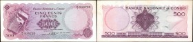 CONGO DEMOCRATIC REPUBLIC. Banque Nationale du Congo. 500 Francs, 1961. P-7. Choice Very Fine.

A colorful A/1 Block high denomination with a mask a...
