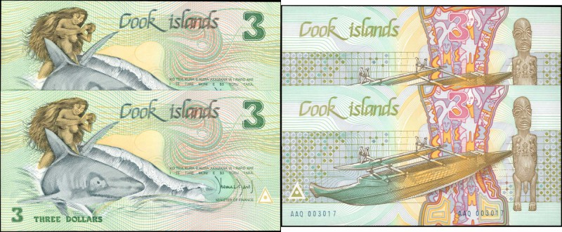 COOK ISLANDS. Ministry of Finance. Lot of (2) 3 Dollars, ND (1987). P-3. Choice ...