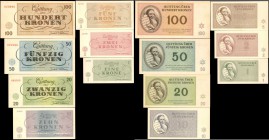 CZECHOSLOVAKIA. Theresienstadt Ghetto. 1 to 100 Krone, 1943. P-UNL. About Uncirculated to Uncirculated.

7 pieces in lot. An impressive set and seen...