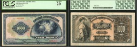 CZECHOSLOVAKIA. Narodna Banka. 1000 Korun, 1932. P-25a. PCGS Currency Very Fine 20.

A Czech note which displays a woman looking over a globe as the...