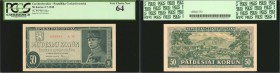 CZECHOSLOVAKIA. Republika Ceskoslovenska. 50 Korun, 1948. P-66a. PCGS Currency Very Choice New 64.

This 50 Korun note displays well with dark green...