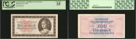 CZECHOSLOVAKIA. Republika Ceskoslovenska. 100 Korun, 1945. P-67a. PCGS Currency Very Fine 35.

A Czechoslovakia note which displays a vignette of a ...