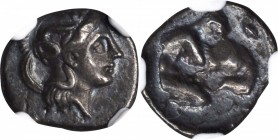 ITALY. Calabria. Tarentum. AR Diobol (1.15 gms), ca. 4th Century B.C. NGC Ch VF, Strike: 4/5 Surface: 4/5.

SNG ANS-1419. Head of Athena wearing cre...
