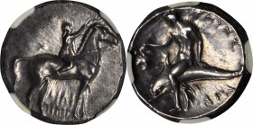 ITALY. Calabria. Tarentum. AR Didrachm (7.89 gms), ca. 281-240 B.C. NGC EF, Strike: 2/5 Surface: 4/5.

Vlasto-673. Horseman on horse facing right, c...