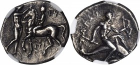 ITALY. Calabria. Tarentum. AR Didrachm (6.34 gms), ca. 281-272 B.C. NGC EF, Strike: 4/5 Surface: 2/5. Smoothing.

Vlasto-736. Naked boy on horse wal...