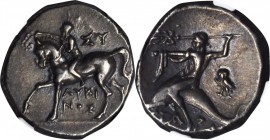 ITALY. Calabria. Tarentum. AR Didrachm (6.56 gms), ca. 281-240 B.C. NGC EF, Strike: 5/5 Surface: 5/5.

Vlasto-838. Youth on horseback left, "EY" abo...
