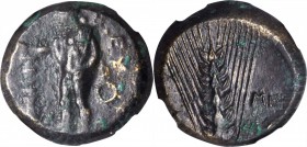 ITALY. Lucania. Metapontum. AE Obol (7.30 gms), ca. 425-350 B.C. NGC EF, Strike: 3/5 Surface: 3/5.

SNG ANS-552. Hermes standing facing left holding...
