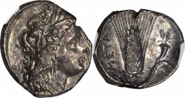 ITALY. Lucania. Metapontum. AR Stater (7.86 gms), ca. 330-280 B.C. NGC MS, Strike: 3/5 Surface: 4/5.

SNG ANS-516. Wreathed head of Demeter right; R...
