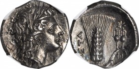 ITALY. Lucania. Metapontum. AR Stater (7.75 gms), ca. 330-280 B.C. NGC AU, Strike: 5/5 Surface: 3/5.

SNG ANS-517. Wreathed head of Demeter facing r...