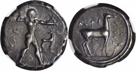 ITALY. Bruttium. Caulonia. AR Stater (8.01 gms), ca. 475-410 B.C. NGC EF, Strike: 5/5 Surface: 3/5.

Noe-84. Apollo striding right holding a daemon ...