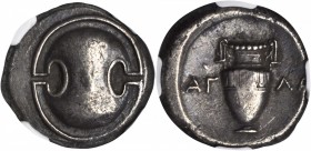 BOEOTIA. Thebes. AR Stater (11.98 gms), ca. 363-338 B.C. NGC EF, Strike: 3/5 Surface: 4/5.

BCD-551. Boeotian shield; Reverse: Amphora, Magistrate's...