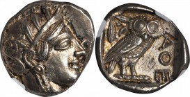 ATTICA. Athens. AR Tetradrachm (17.18 gms), ca. 440-404 B.C. NGC Ch AU, Strike: 4/5 Surface: 5/5.

Svoronos-pl. 12#14. Helmeted head of Athena facin...