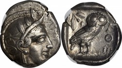 ATTICA. Athens. AR Tetradrachm (17.06 gms), ca. 440-404 B.C. NGC Ch EF, Strike: 4/5 Surface: 3/5.

Svoronos-pl. 12 #14. Helmeted head of Athena faci...