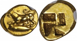 MYSIA. Cyzicus. EL Hekte (2.70 gms), ca. 500-450 B.C. NGC AU, Strike: 3/5 Surface: 4/5.

Rosen-460. Lioness standing left, preying down on tunny fis...