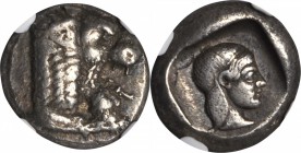 CARIA. Cnidus. AR Drachm (6.19 gms), ca. 465-449 B.C. NGC Ch VF, Strike: 4/5 Surface: 4/5.

SNG Cop-236. Forepart of lion facing right with paw exte...