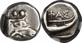 LYCIA. Phaselis. AR Tetrobol, ca. 5th Century B.C. NGC VF.

SNG von Aulock-4394-96. Prow of galley in the form of a boar's forepart facing right; Re...