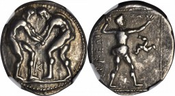 PAMPHYLIA. Aspendos. AR Stater (10.69 gms), ca. 380-325 B.C. NGC VF, Strike: 4/5 Surface: 4/5.

SNG Cop-226. Two nude wrestlers grappling, "KI" betw...