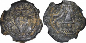 JUDAEA. Herod II Archelaus, ca. 4 B.C.-A.D. 6. AE Prutah (2.26 gms), Jerusalem Mint. NGC Ch VF, Strike: 4/5 Surface: 3/5.

Hendin-1196. Grape bunch;...