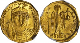 MAURICE TIBERIUS, 582-602. AV Solidus (3.98 gms), Thessalonica, 1st Indiction, Year 5 (A.D. 586/7). NGC MS, Strike: 3/5 Surface: 2/5.

S-573. Draped...