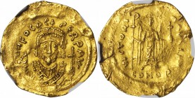 PHOCAS, 602-610. AV Solidus (4.39 gms), Constantinople Mint, 2nd Officinae. NGC AU, Strike: 4/5 Surface: 1/5. Damage.

S-622. Facing bust of Phocas ...