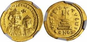 HERACLIUS, 610-641. AV Solidus (4.44 gms), Constantinople Mint, 10th Officinae. NGC Ch AU, Strike: 5/5 Surface: 3/5.

S-734. Crowned, draped and bea...
