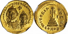 HERACLIUS, 610-641. AV Solidus (4.31 gms), Constantinople Mint, 5th Officinae. NGC MS, Strike: 4/5 Surface: 3/5. Clipped.

S-737. Crowned, draped an...