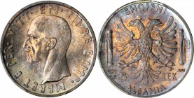 ALBANIA. 5 Lek, 1939-R. PCGS MS-65 Gold Shield.

KM-33; Gig-2; Mont-485. Single finest certified at PCGS, Tied for second finest certified with four...