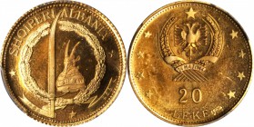 ALBANIA. 20 Leke, 1968. Paris Mint. PCGS MS-66 Gold Shield.

KM-51.3. Cornucopia privy mark to right of LEKE. From a reported mintage of 24 pieces a...