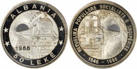 ALBANIA. 50 Leke, 1988. PCGS PROOF-65 DEEP CAMEO Gold Shield.

KM-62. 42nd Anniversary of the first railroad. Exhibits train emerging from a tunnel,...