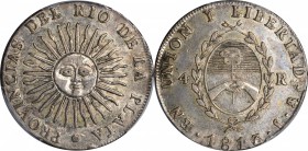 ARGENTINA. 4 Reales, 1813-J. Potosi Mint. PCGS AU-53 Gold Shield.

KM-4; CJ-7.1.2. Better detailed than most survivors with interesting oil-slick ir...