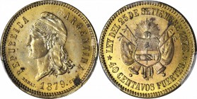 ARGENTINA. Brass 40 Centavos Pattern (Essai), 1879. PCGS MS-64 Gold Shield.

cf. KM-E4a (not listed in brass); cf. CJ-29.5 (not listed in brass). RA...