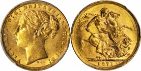 AUSTRALIA. St. George Sovereign, 1871-S. Sydney Mint. PCGS MS-61 Gold Shield.

Fr-15; S-3858; KM-7. Large "B.P." or "First Head" variety. Bright ora...