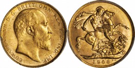 AUSTRALIA. Sovereign, 1908-P. Perth Mint. PCGS MS-63 Gold Shield.

Fr-34; S-3972; KM-15. Nice strike with soft satin luster.