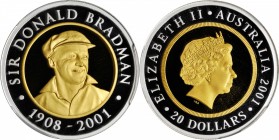 AUSTRALIA. 20 Dollars, 2001. PCGS PROOF-70 DEEP CAMEO.

KM-760. Gold and Silver Bimetallic issue. Commemorates Sir Donald Bradman, a famous Australi...
