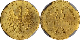 AUSTRIA. 25 Schillings, 1934. NGC MS-65.

Fr-521; KM-2841. Sharply struck and lustrous with just a light veneer of tone.
