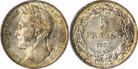 BELGIUM. 5 Franc, 1833. PCGS MS-62 Gold Shield.

KM-3.1; Eeckhout-NBFB-122. Position B on edge. Nice portrait with light champagne color and marks t...