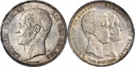 BELGIUM. Silver Medallic 5 Franc, 1853. PCGS MS-64 Gold Shield.

Dav-52; KMX-2.1. Dashes between date variety. Included in Davenport as a coin but c...