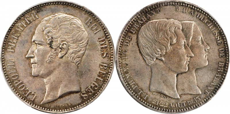 BELGIUM. Silver Medallic 5 Franc, 1853. PCGS MS-62 Gold Shield.

KMX-2.2. Vari...