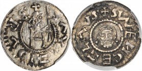 BOHEMIA. Denar, ND. Bretislav II (1092-1100). PCGS MS-63 Gold Shield.

C-388a. Unusually choice quality for this type that display an enthroned king...