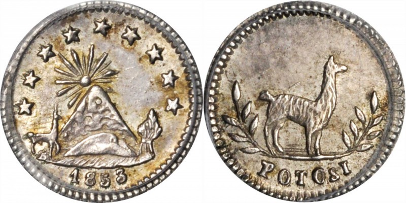 BOLIVIA. 1/4 Sol, 1853. PCGS MS-63 Gold Shield.

KM-117. One year type. Sharpl...