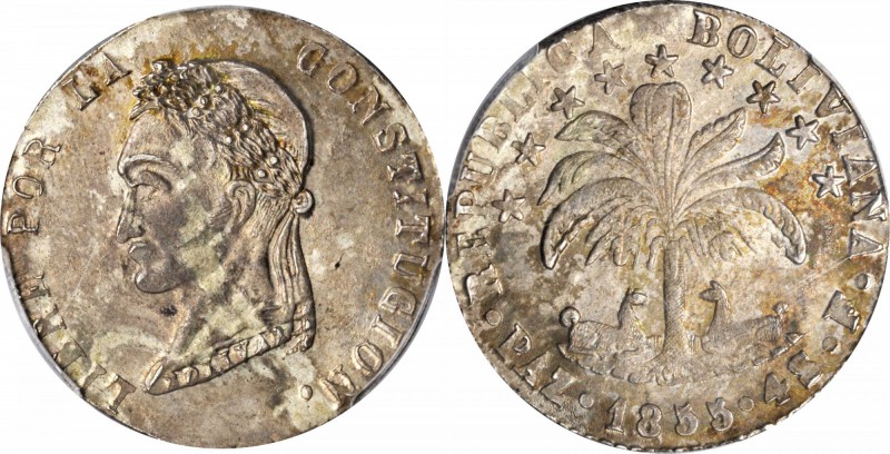 BOLIVIA. 4 Soles, 1855-PAZ F. La Paz Mint. PCGS MS-62 Gold Shield.

KM-130; Se...