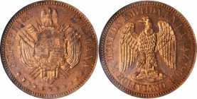 BOLIVIA. Copper Boliviano Pattern, 1868. NGC PROOF-64 RD.

KM-Pn28. "1 BOLIVIANO" variety. Intricately struck with boldly mirrored fields and impres...