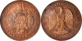 BOLIVIA. Copper Boliviano Pattern, 1868. NGC PROOF-64 RB.

KM-Pn34. "UN BOLIVIANO" variety. "E" for "ESSAI" below condor. Virtually fully red with n...