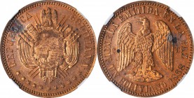BOLIVIA. Copper Boliviano Pattern, 1868-CT. NGC PROOF-63 RB.

KM-Pn34. "UN BOLIVIANO" variety. "E" for "ESSAI" below condor. Gleaming in the fields ...