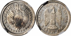 BOLIVIA. Silver 5 Centavos Pattern, 1868-CT. NGC MS-64.

KM-Pn14. Very close to Gem quality with a splash of tone appearing over the shield.