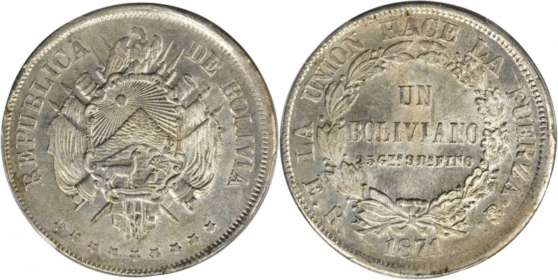 BOLIVIA. Boliviano, 1871-PTS ER. Potosi Mint. PCGS MS-63 Gold Shield.

KM-155....