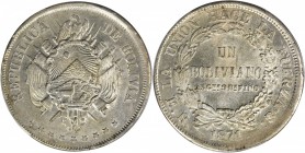 BOLIVIA. Boliviano, 1871-PTS ER. Potosi Mint. PCGS MS-63 Gold Shield.

KM-155.4. 9 stars at bottom. Minimally toned with soft sparkling luster in th...