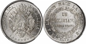 BOLIVIA. Boliviano, 1872-PTS FE. Potosi Mint. NGC MS-65.

KM-155.4. Elaborate shield, nine stars below variety. Frosty and white with surfaces that ...
