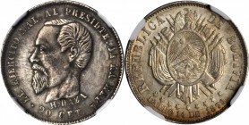 BOLIVIA. 20 Centavos, 1879. NGC MS-61.

KM-166. Deeply toned in gray and gold shades on the obverse with mostly brilliant reverse surfaces. A very e...